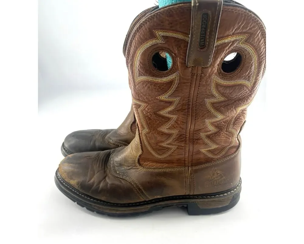 ROCKY Roper Cowboy Boots Mens Sz 12 M Brown Leather Western Rodeo Sddle Azt Ocre